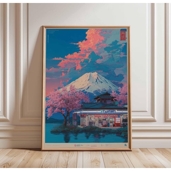 Mount Fuji Convenience Store Poster Japanese Sunset Art Print Cherry Blossom Fuji View Vap