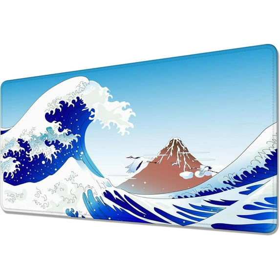 Mount Fuji and Cranes with Great Waves Desk Mat,Large Gaming Mouse Pad,Non-Slip Rubber Base Mousepad with Stitched Edges,Waterproof Mouse Mat Desk Pad for Work, Game, Office (31.5x15.7 in)