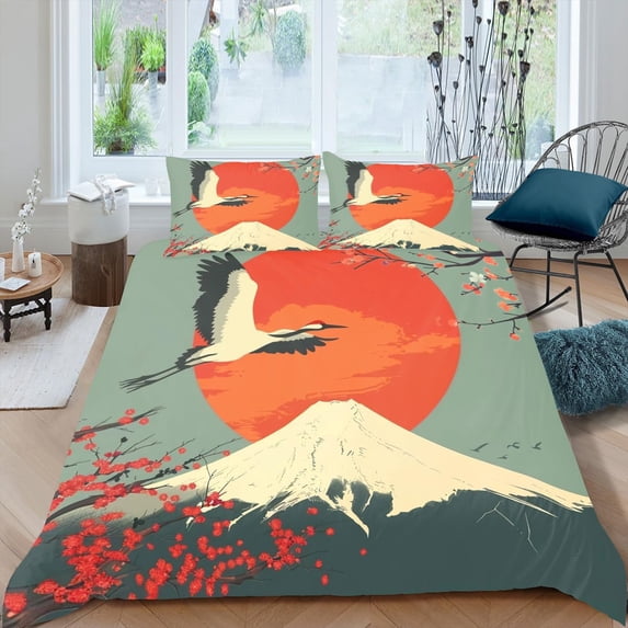 Mount Fuji Duvet CoverCherry Blossom Bedding Set Japanese Crane Bed Sets Red Floral Sun Bird Quilt Cover Flower Bud Branch Comforter Cover