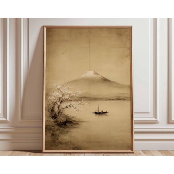 Mount Fuji Ink Wash River Wall Art Print, Unframed Paper Poster 8x10in