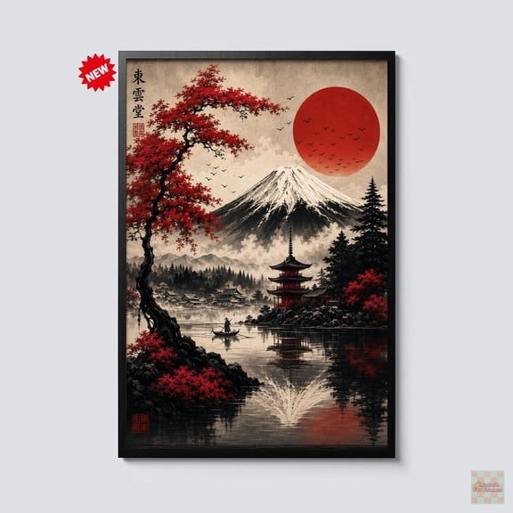 Mount Fuji Japanese Wall Art Red Sun Pagoda Landscape Sakura Tree Decor Zen Asian Nature Artwork Lake Reflection Home Gift