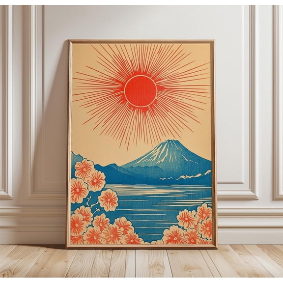 Mount Fuji Japanese Wall Art Vintage Landscape Red Sun Travel Decor, Stretched Canvas