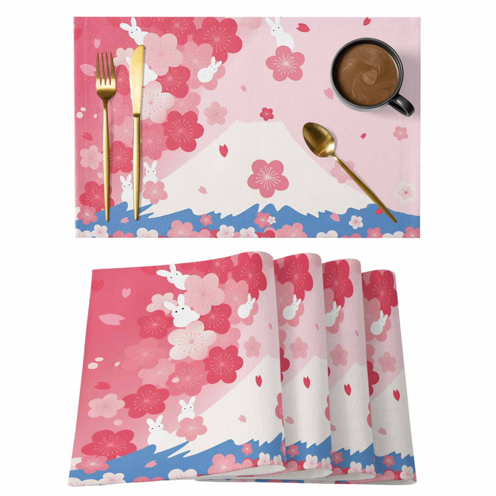Mount Fuji Placemats Set of 4, Light Pink Cherry Blossom Cute Bunny ...