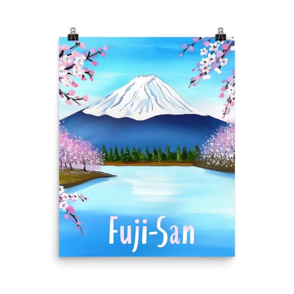 Mount Fuji Print, Japanese Landscape Wall Art, Cherry Blossom Mountain Travel Poster, Turquoise Lake Decor, Asia Nature Seascape Home Decor #3583, Unframed Poster Size 8x12