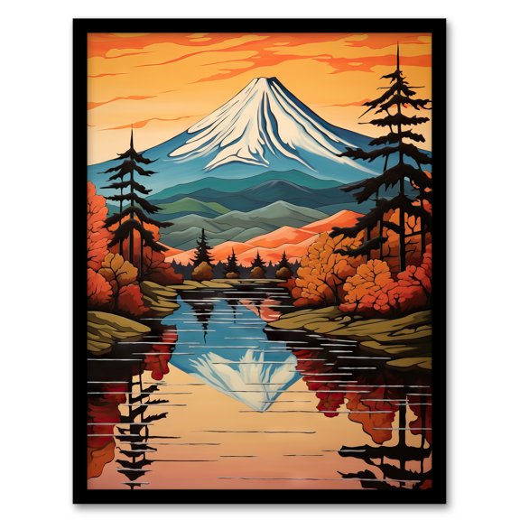 Mount Fuji Reflecting In Lake Kawaguchi Waters Oil Painting Autumn In Japan Sacred Volcano Mountain Artwork Framed Wall Art Print A4