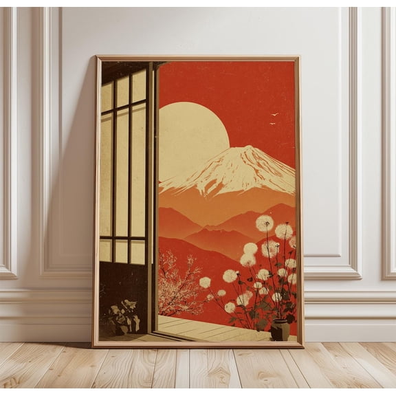 Mount Fuji Rising Sun Landscape Print Japanese Style Floral Mountain Wall Art
