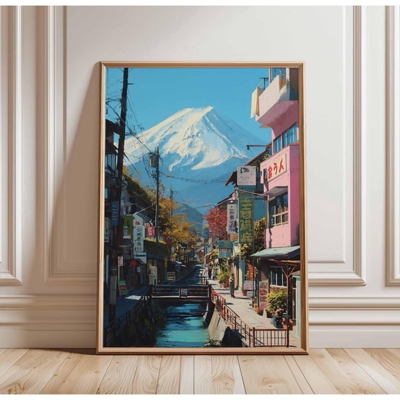 Mount Fuji Street View Poster, Colorful Japanese Cityscape Wall Art