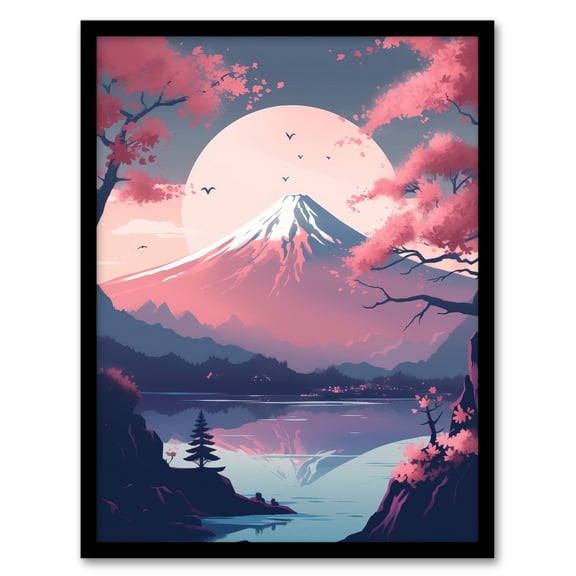 Mount Fuji View Through Cherry Blossom Trees Pastel Colour Painting Pink Purple Blue Serene Lake Reflection Japanese Landscape Art Print Framed Poster Wall Decor 12x16 inch