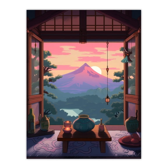 Mount Fuji View from House Patio Colourful Painting Traditional Tea Ceremony Japanese Hospitality Sunset Mountain Landscape Unframed Wall Art Print Poster Home Decor Premium