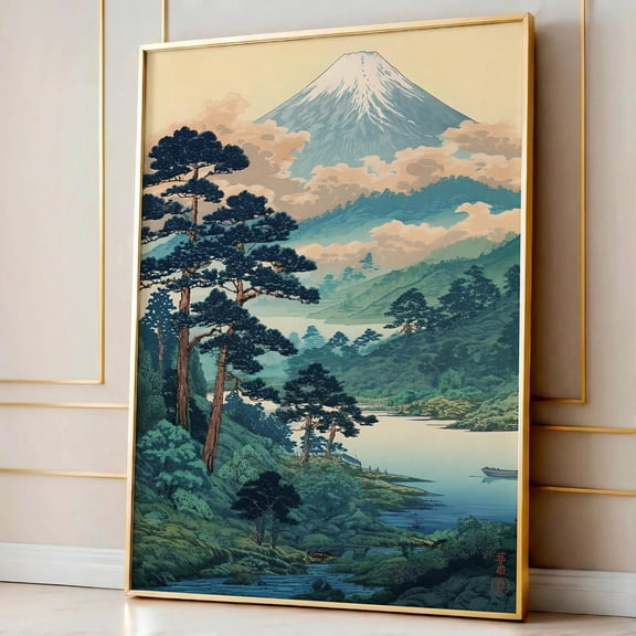 Mount Fuji Wall Art, Vintage Japanese Landscape Poster, Ukiyo-e Mountain Print, Japandi Nature Decor, Tranquil Forest Artwork, Poster Only