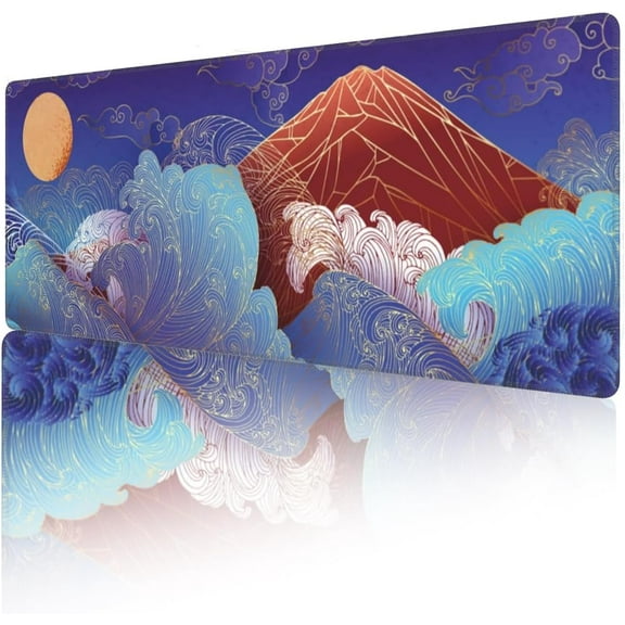 Mount Fuji XXL Extended Mouse Pad Large Sea Waves Gaming Mousepad Japanese Stitched Edges Desk Pads Non-Slip Rubber Desktop Mouse Mat for Esports Office(Size:31.5x11.8in)