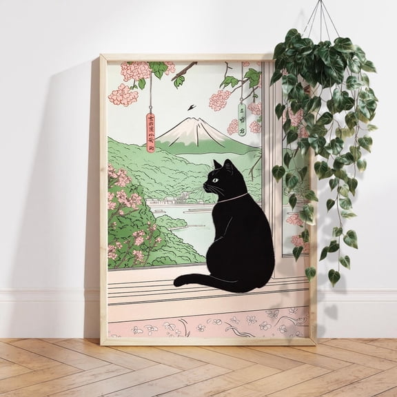 Mount Fuji and Black Cat Japanese Landscape Wall Picture, Stretched Canvas 12x16in