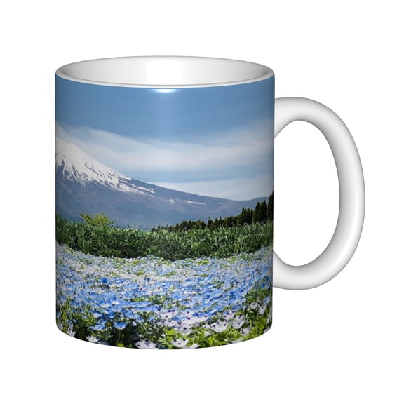 Mount Fuji and Blue Nemophila Flower Field Ceramic Coffee Mug, White 11oz Tea Cup for Office and Home, Scenic Nature Gift