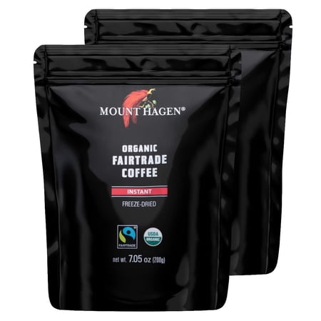 Mount Hagen 7.05 oz Organic Fair Trade Freeze Dried Caffeinated 2 Pack Instant Coffee Resealable Doypack Bag Kosher Single-origin 100% Arabica Freeze Dried Coffee Packets, Instant Coffee