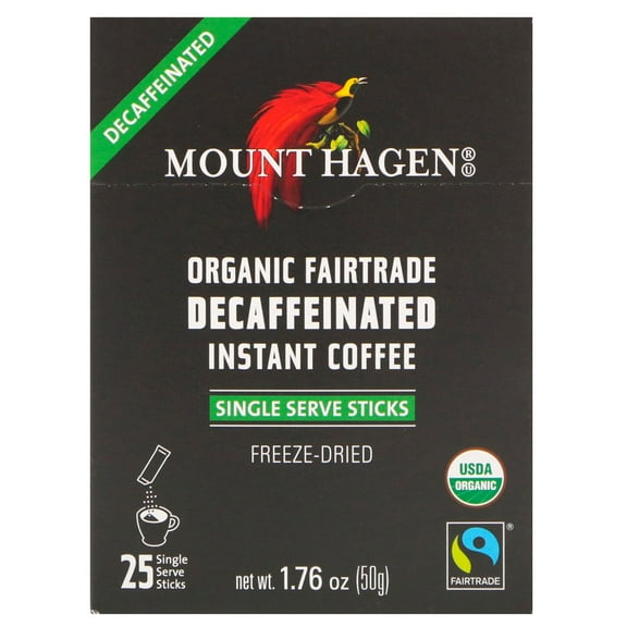 Mount Hagen Organic Fairtrade Decaffeinated Instant Coffee, 25 Single Serve Sticks, 1.76 oz (50 g)