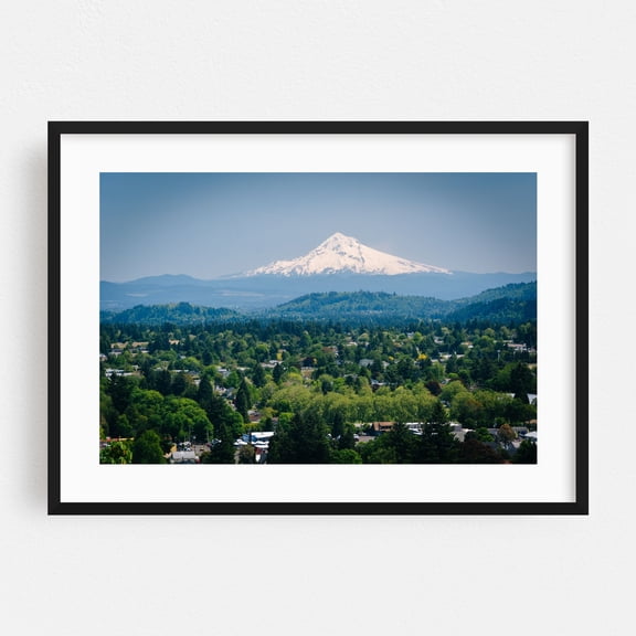 Mount Hood from Mount Tabor - Portland Oregon Photography Mountain Nature Landscape Scenic Forest Travel Poster Snow Black Framed Wall Art Print 5 x 7 inches