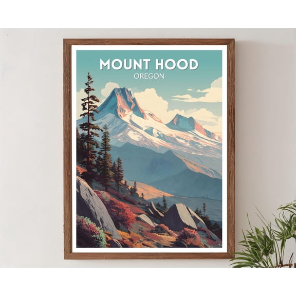 Mount Hood USA Retro Travel Mid Century Modern Vintage Mountain Landscape Alpine Nature Decor, Unframed Canvas