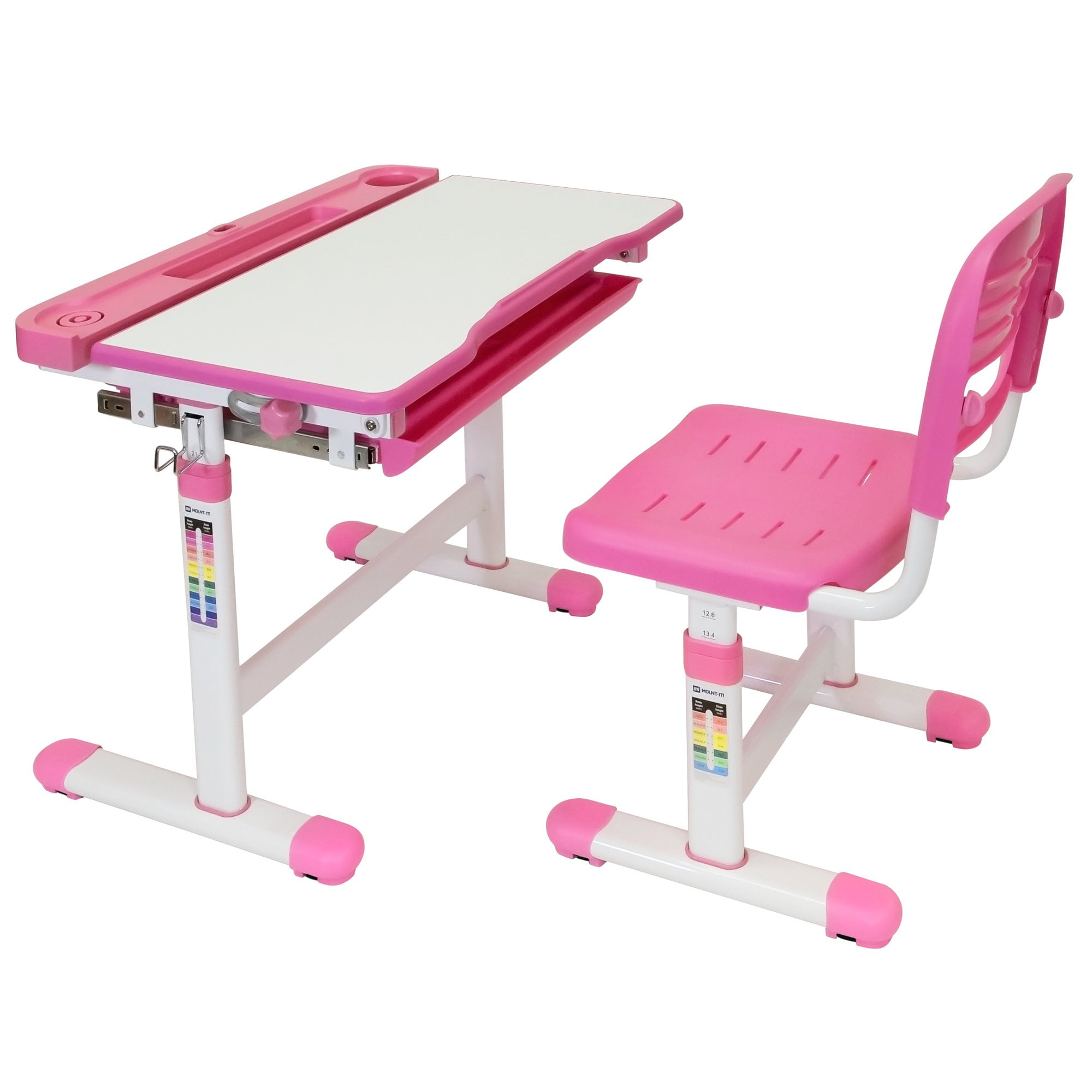 Pink Adjustable Height Kids Desk and Chair Set with Storage Drawer