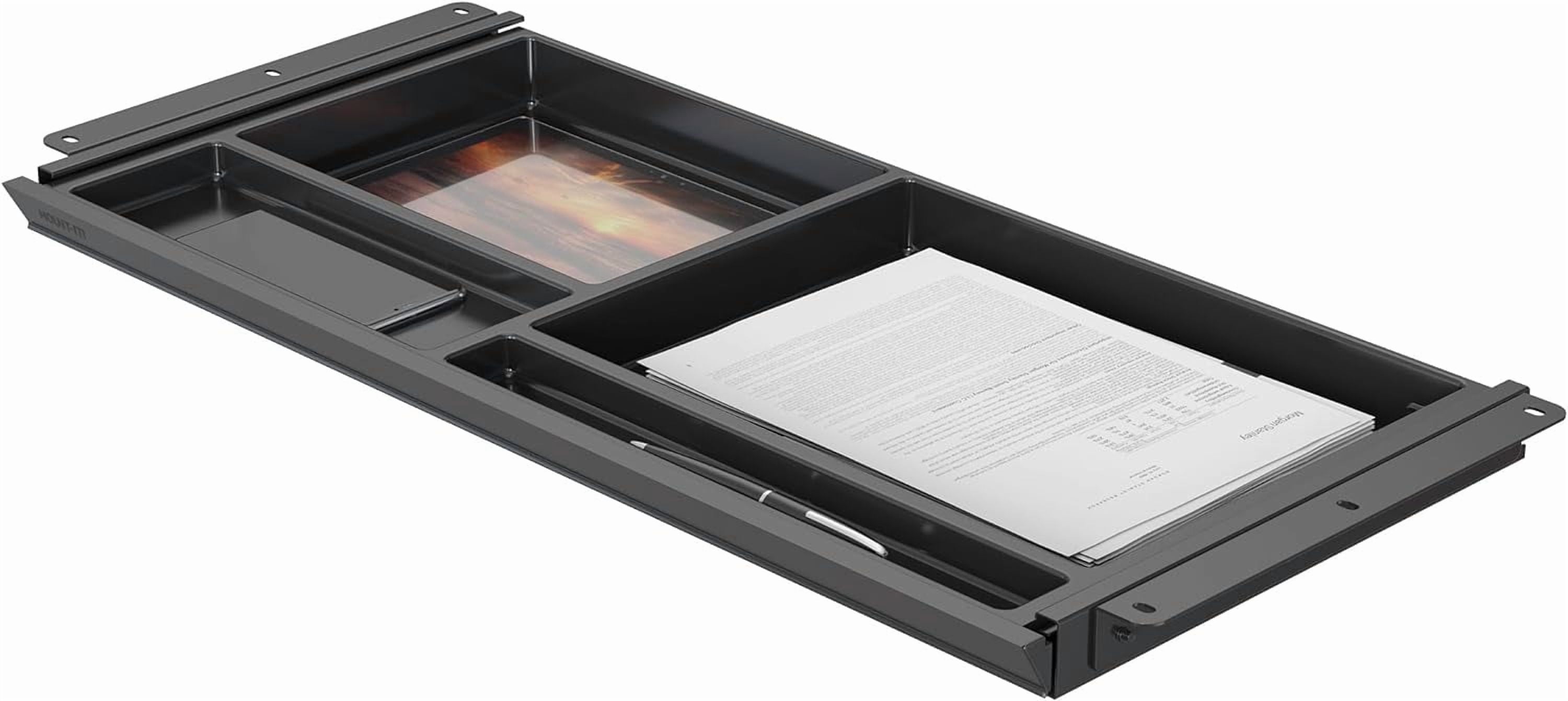 Mount-It! Under Desk Drawer with 4 Compartments, Deep Low-Profile Slide-Out Storage Organizer, 25.8″ x 12.5″ x 1.6″, SMOOTH Glide Pull-Out Tray for Traditional & Single Motor Standing Desks, Black
