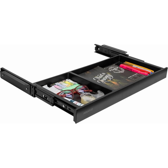 Mount-It! Under Desk Drawer Organizer with 2 Compartments, Shallow Low-Profile Slide-Out Desk Tray, 20.7 x 8.9 x 1.8, Pull-Out Pencil Drawer for Traditional & Standing Desks - Black