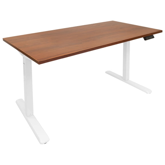 Mount-It! Electric Sit-Stand White Desk Frame with Extra-Wide Brown Tabletop