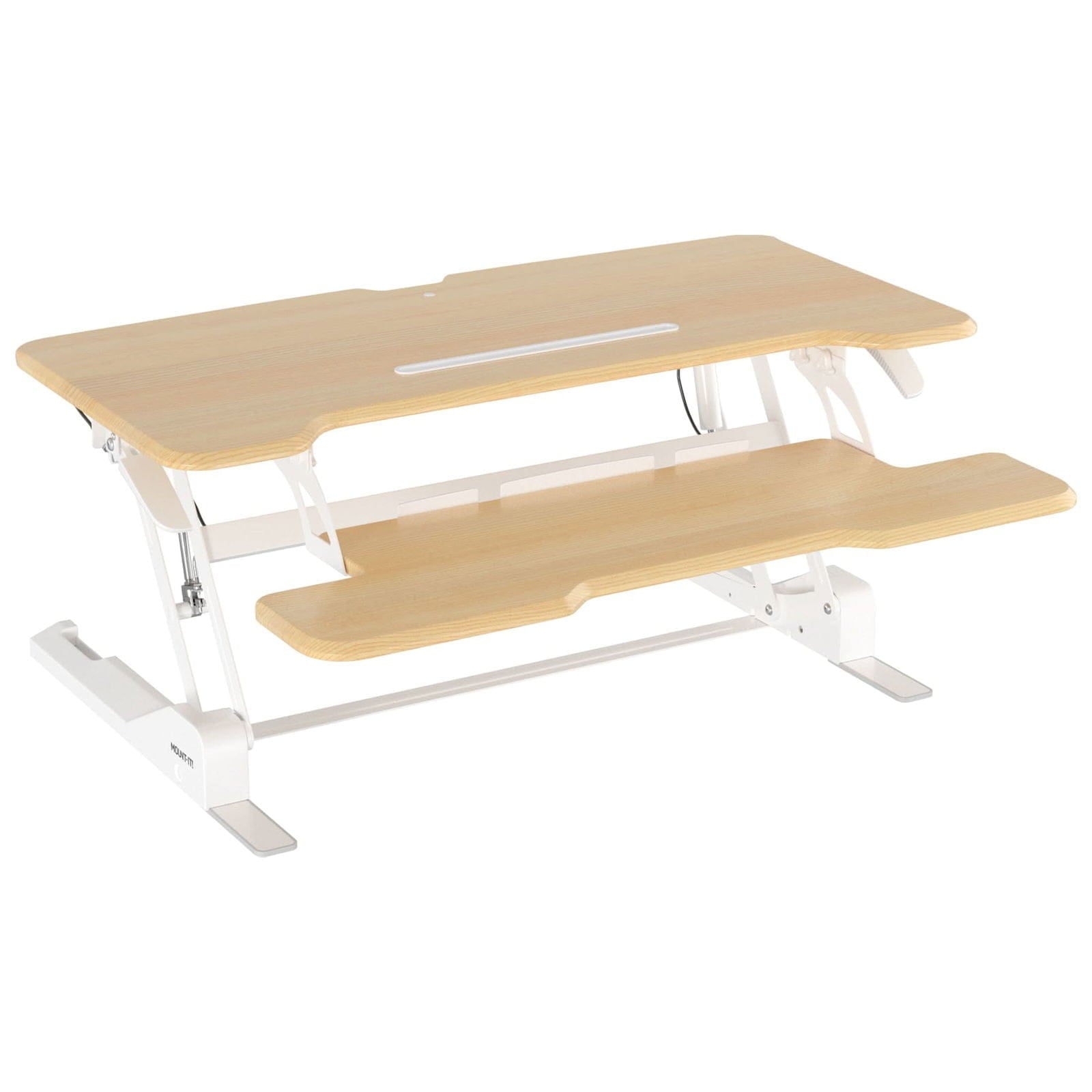 Mount-It! 38'' Standing Desk Converter – Height Adjustable Sit Stand Riser with Dual Monitor Space, Keyboard Tray & Device Slot – Gas Spring Lift, MDF Desktop, Maple
