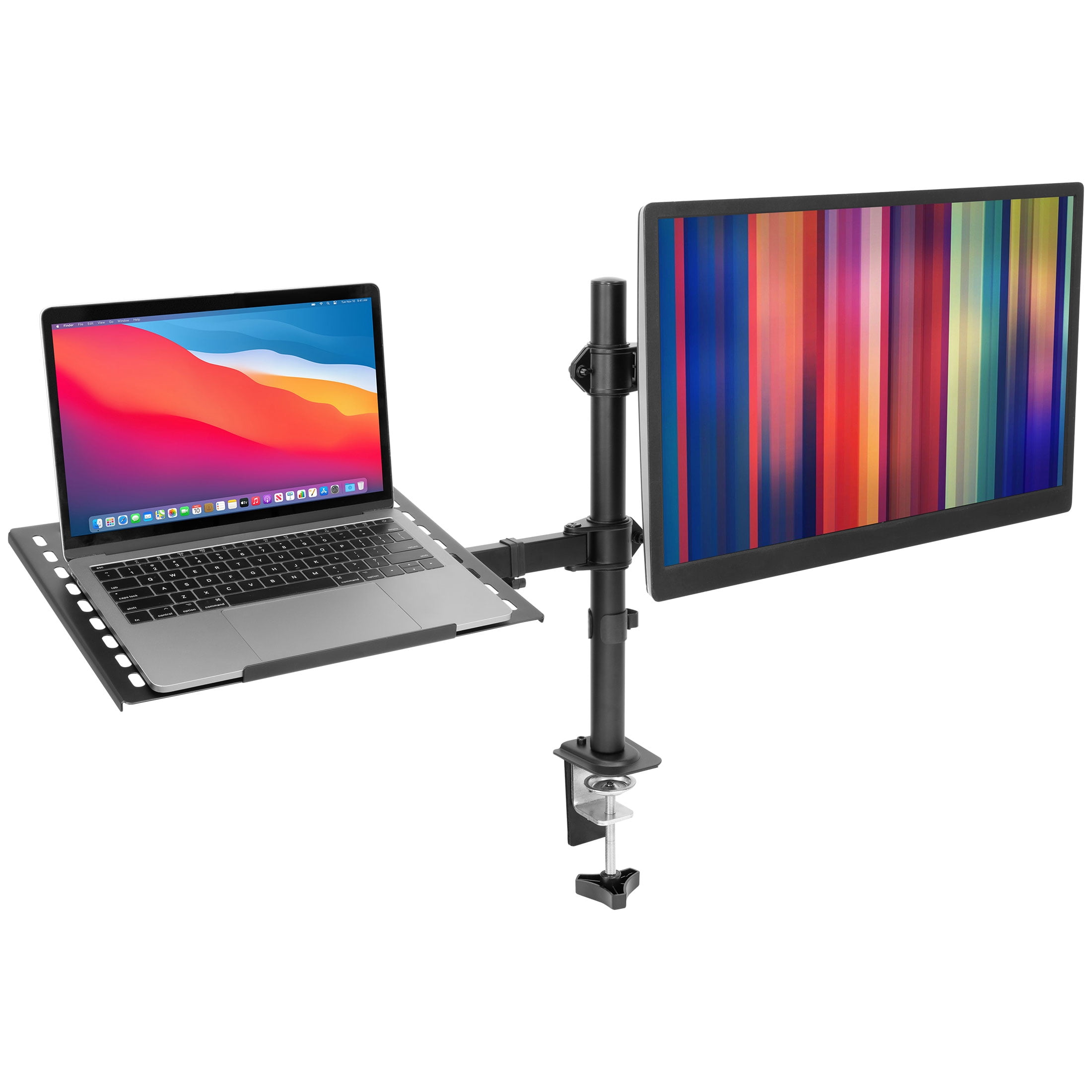 Adjustable Black Dual Laptop and Monitor Desk Mount with Ventilated Tray
