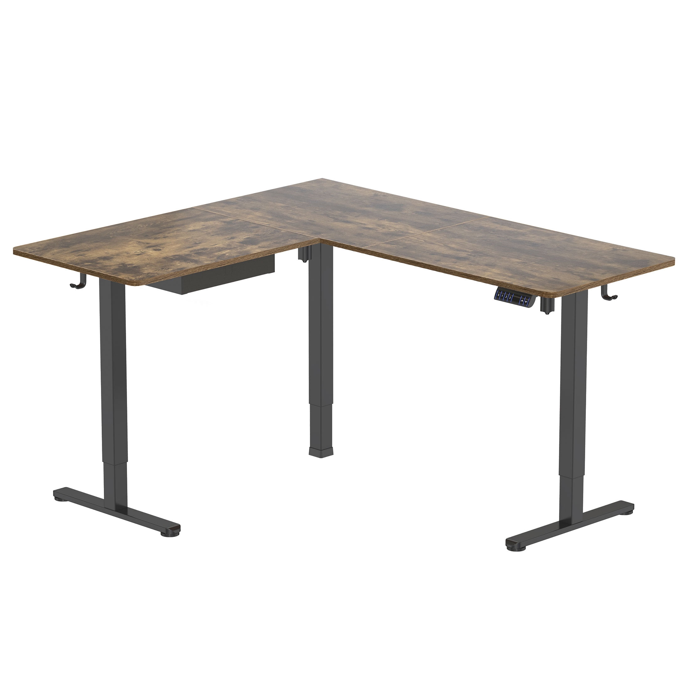 Rustic Brown L-Shaped Electric Adjustable Standing Desk with Drawer
