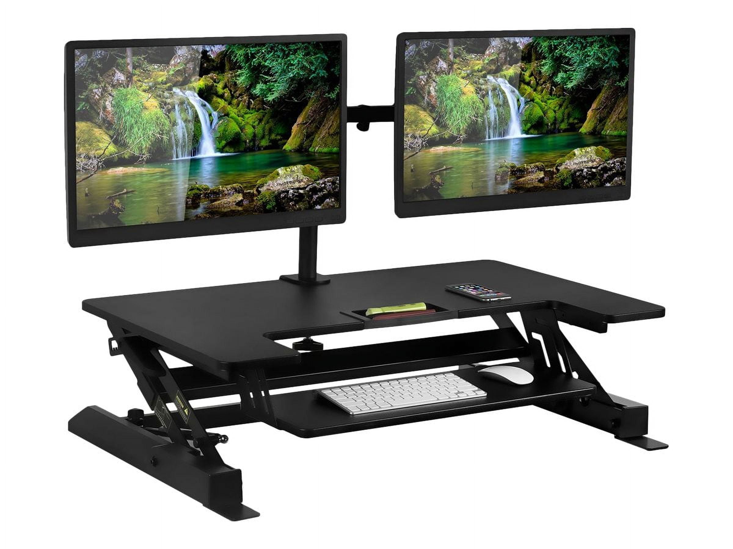 Black Adjustable Standing Desk Converter with Dual Monitor Mount