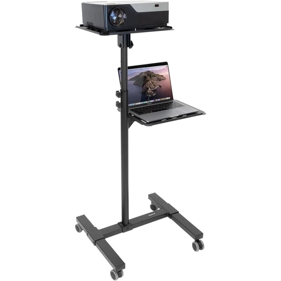 Mount-It! Mobile Projector and Laptop Stand (2 Shelves), Rolling Cart with Ventilated Tray, Heavy Duty, Height Adjustable Laptop and Projector Presentation Trolley, Black
