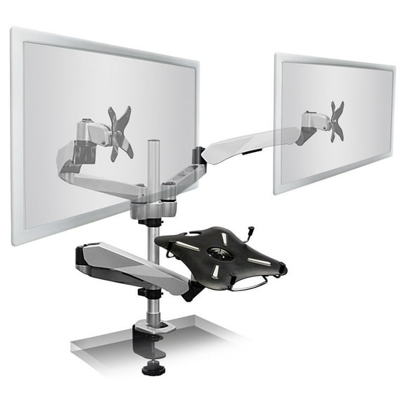 Mount-It! Monitor and Laptop Desk Stand, Fits Two Computer Monitors and One Laptop, Up To 27 Inch Monitors and 17 Inch Notebooks, Full Motion with Vented Tray (MI-75821)