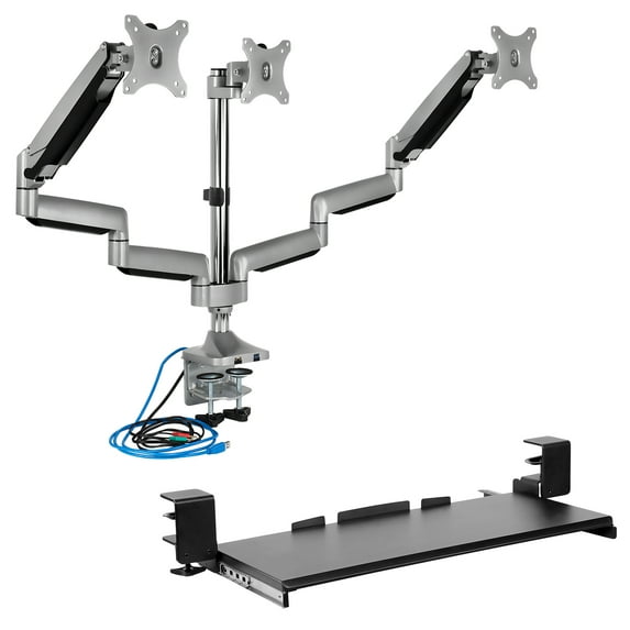 Mount-It! Triple Monitor Desk Mount with Keyboard Tray Bundle | Maximum 32" Screens