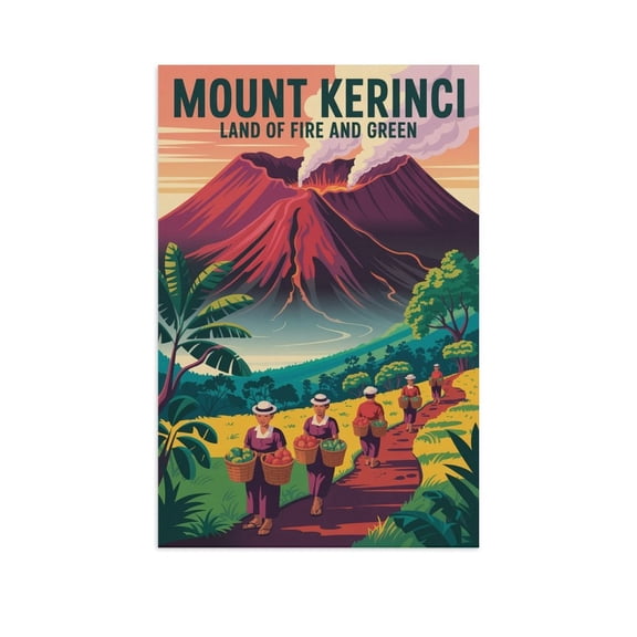Mount Kerinci Volcano Sumatra Indonesia Vintage Travel Poster Retro Adventure Wall Art Land of Fire Print Poster
