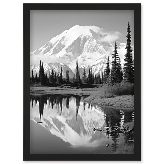 Mount McKinley Reflecting on Wonder Lake Tranquil Water Black and White Photograph Scenic Mountain Valley Landscape Artwork Framed Wall Art Print A4