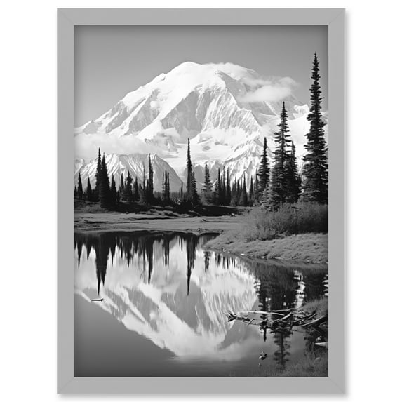 Mount McKinley Reflecting on Wonder Lake Tranquil Water Black and White Photograph Scenic Mountain Valley Landscape Artwork Framed Wall Art Print A4