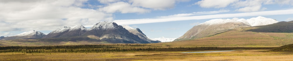 Mount Moffit and McGinnis Peak Landmark Gap of the Alaska Range seen through the gap along the Denali Highway in Southcentral Alaska Alaska USA Canvas Art - Panoramic Images (36 x 12)