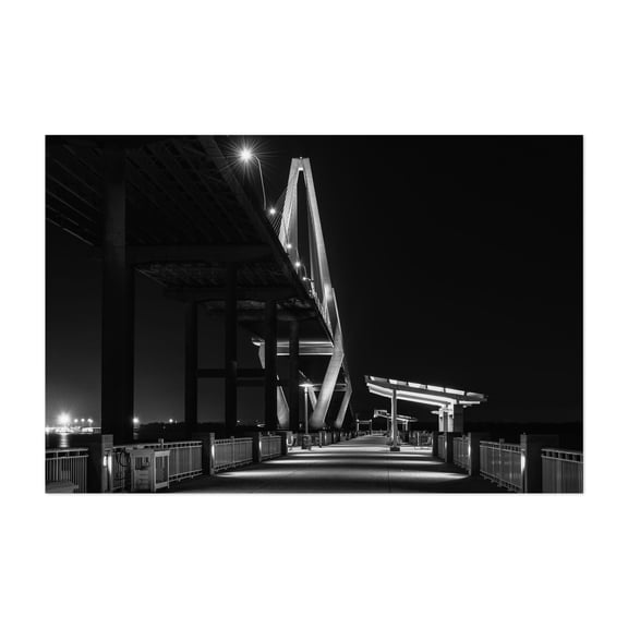 The Mount Pleasant Pier B&W - Charleston South Carolina Photography Bridge Black and White Night Sky Architecture Cityscape Minimalist Modern Art Unframed Wall Art Print 4 x 6 inches