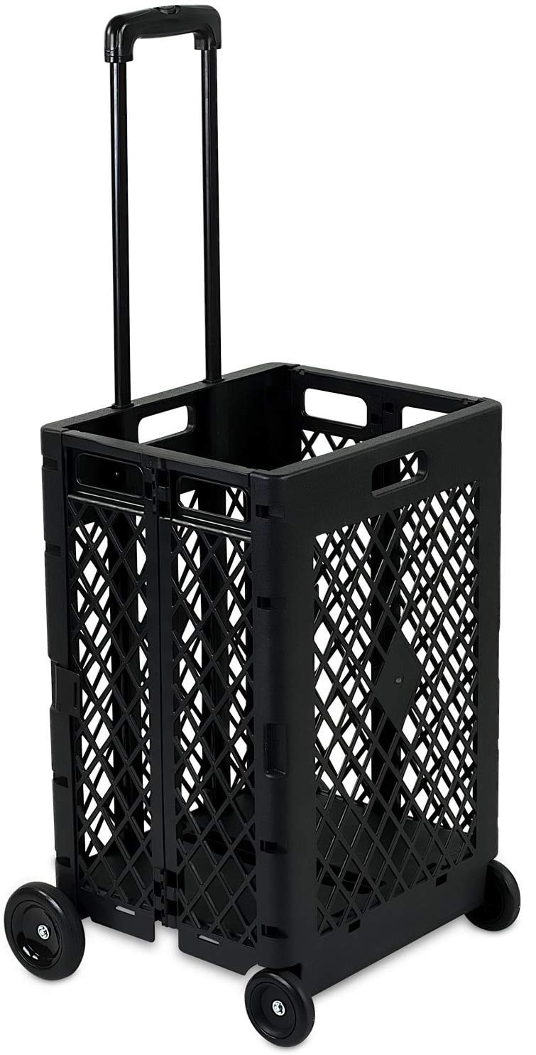Black Mesh Foldable Utility Rolling Cart with Telescopic Handle