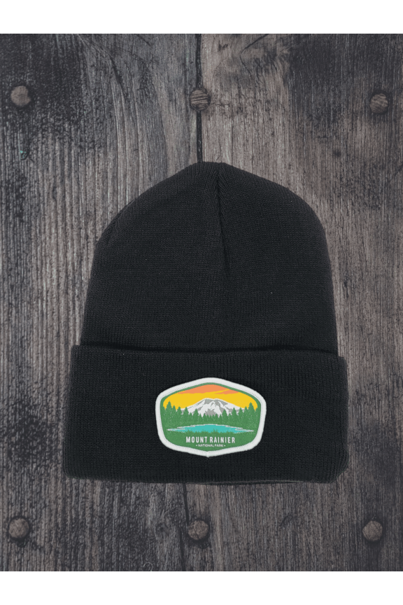 Mount Rainier Embroidered Patch Beanie - Cozy Winter Hat for Outdoor Enthusiasts & Hikers - Black