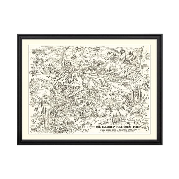 Mount Rainier National Park Art, 1946 Vintage Map of Mount Rainier National Park History Wall Decor Gift, Old Mount Rainier National Park Map - 24" x 18" Black Framed Print