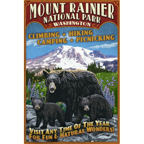 Mount Rainier National Park, Bear Family Vintage Sign (12x18 Wall Art Poster, Room Decor)