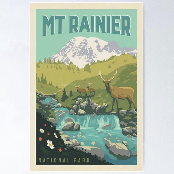 Mount Rainier National Park Grazing Elk Poster Rocky Mountain National Park Travel Poster Sourvenir Gift Wood Poster Office Decor Poster, Poster Only