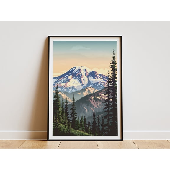 Mount Rainier National Park Poster Vintage Travel Poster Landscape Art Print Mountain Art Wall Decor Washington State Art