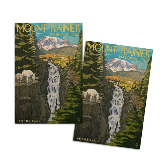 Mount Rainier National Park, Washington, Myrtle Falls and Mountain Goats (4x6 Birch Wood Postcards, 2-Pack Stationary, Rustic Home Wall Decor)