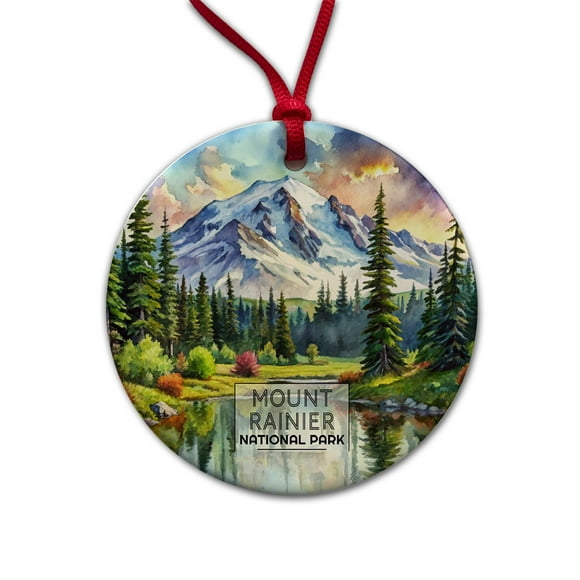 Mount Rainier National Park Washington Watercolor Christmas Tree Holiday Round Ceramic Ornament