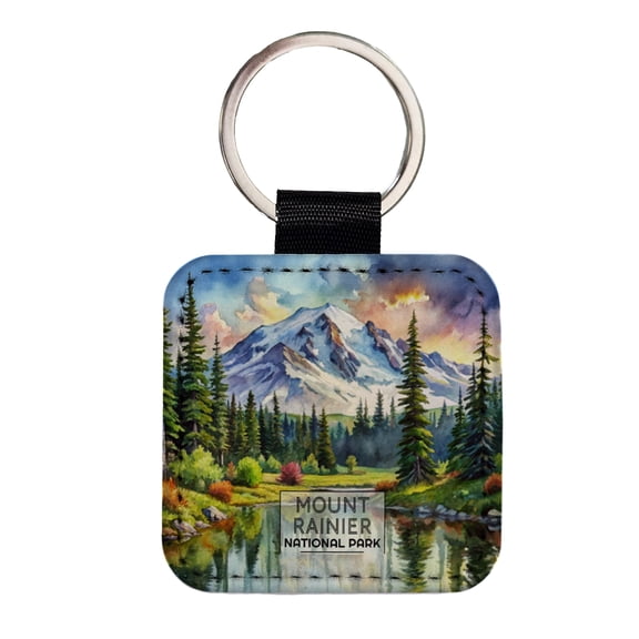 Mount Rainier National Park Washington Watercolor Faux Leather Square Keychain