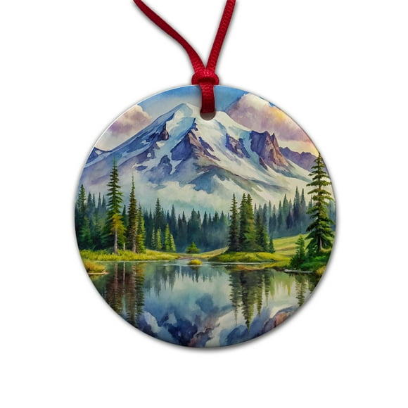 Mount Rainier National Park Washington Watercolor Style Christmas Tree Holiday Round Ceramic Ornament