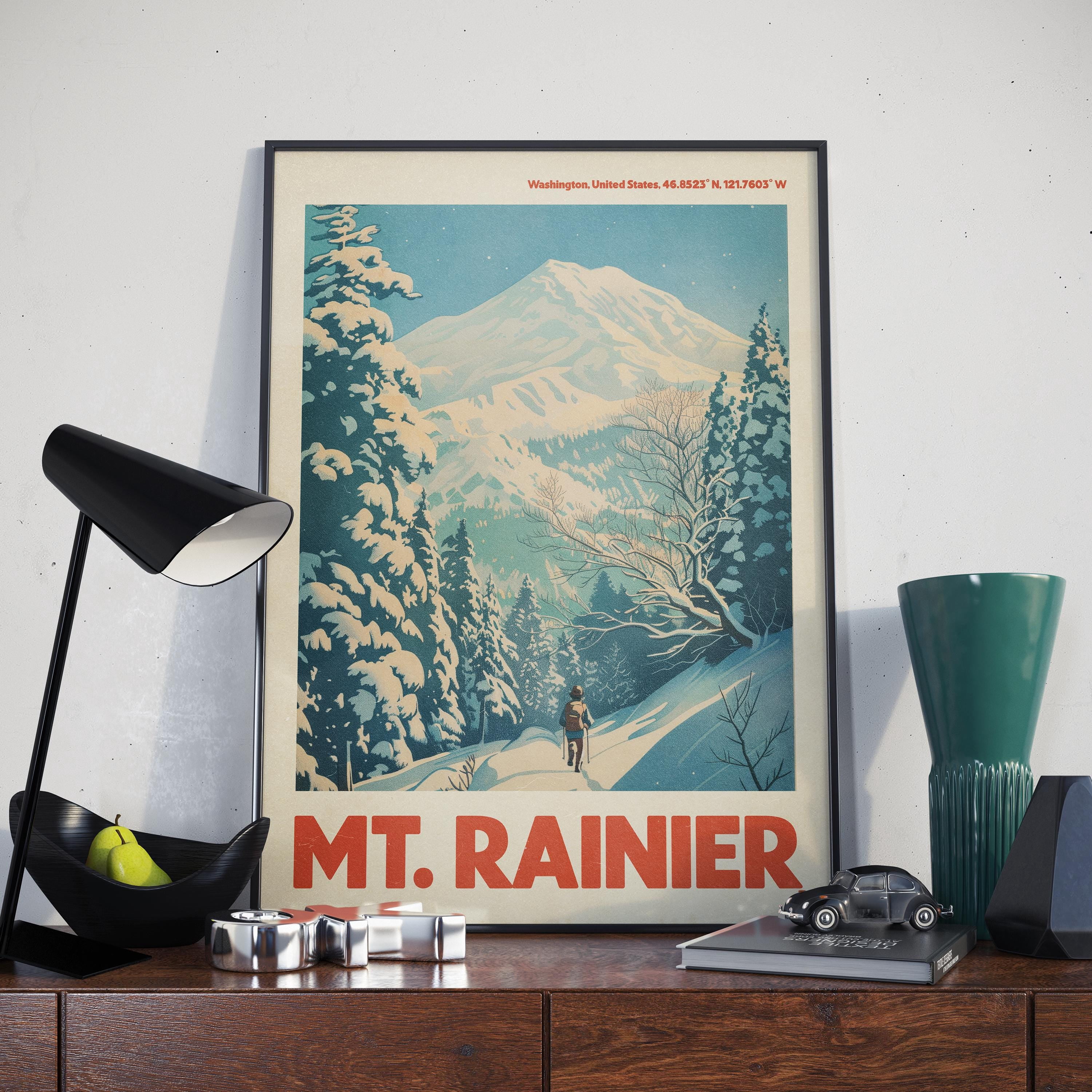 Mount Rainer Poster Mount Rainier Poster National Park Wall Art Retro Travel Poster Vintage ...