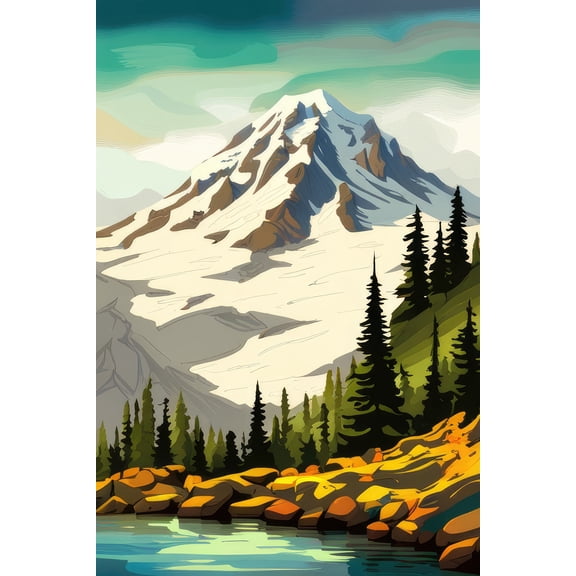 Mount Rainier Scenic Landscape Digital Painting I - 12" x 18" Art Print Wall Decor