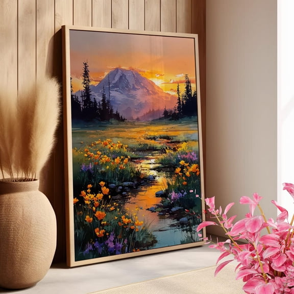 Mount Rainier Vibrant Sunset Wildflower Meadow Landscape Washington State Home Decor, Stretched Canvas